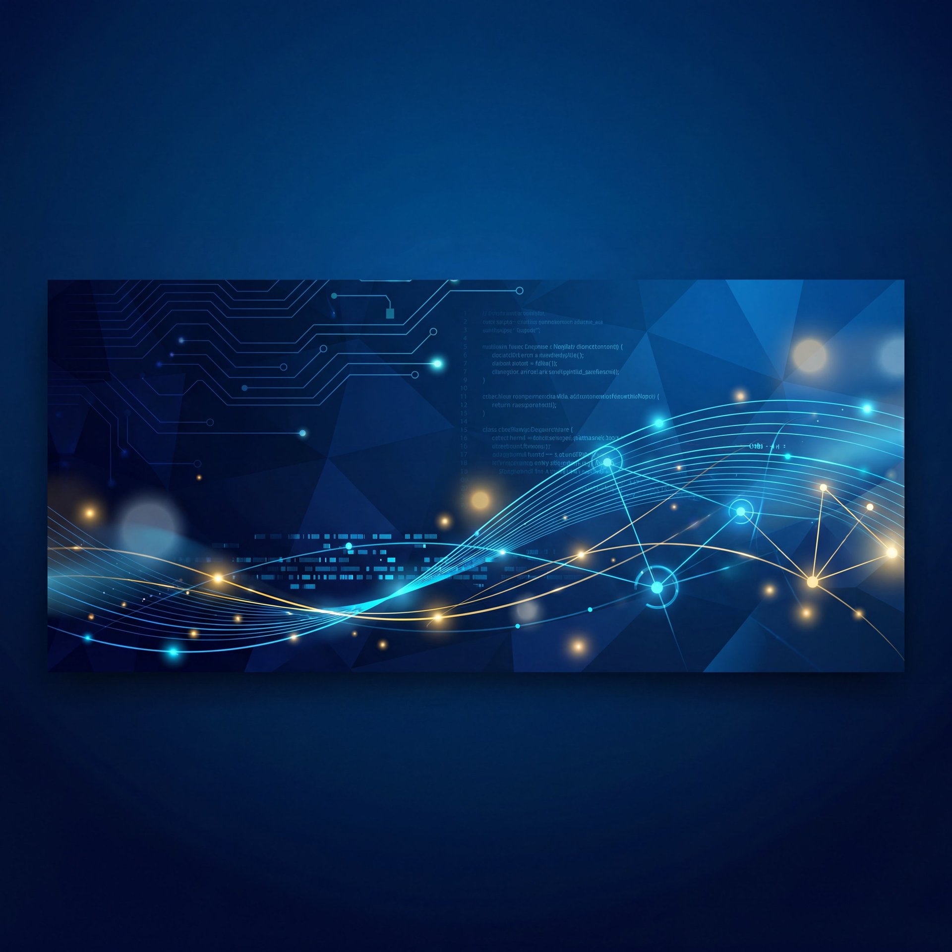 Digital technology background with glowing blue and gold circuit paths, connected nodes, and flowing data streams on dark blue