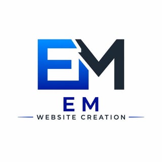 EM Website Creation logo with blue and dark navy letters and geometric shapes
